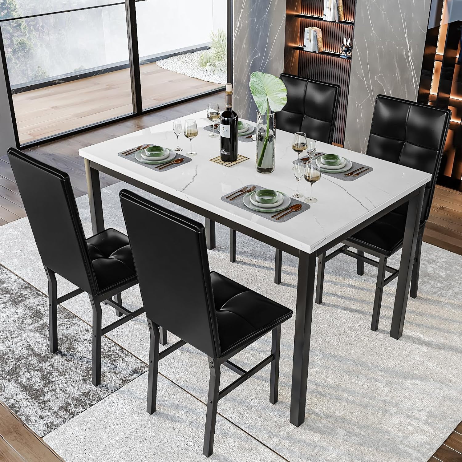 4-Person Dining Set: Modern Marble-Effect Dining Table with 4 PU Leather Upholstered Chairs. Kitchen dining furniture suitable for kitchens, dining rooms, and apartments.