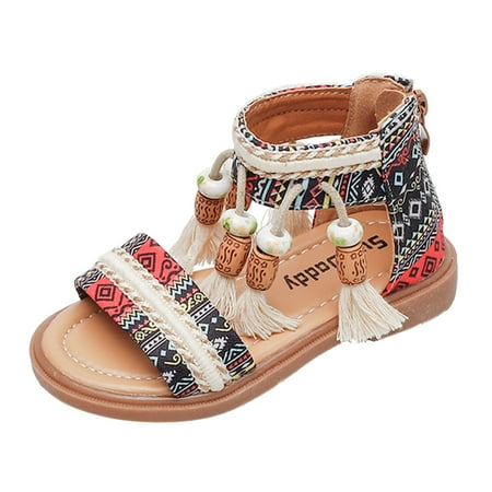 

ASEIDFNSA Toddler Girl Summer Shoes Sandal Girl Summer Children And Girls Sandals Flat Bottom Lightweight Back Zipper Open Toe Breathable And Comfortable Tassel Ethnic Pattern Casual Roman Style