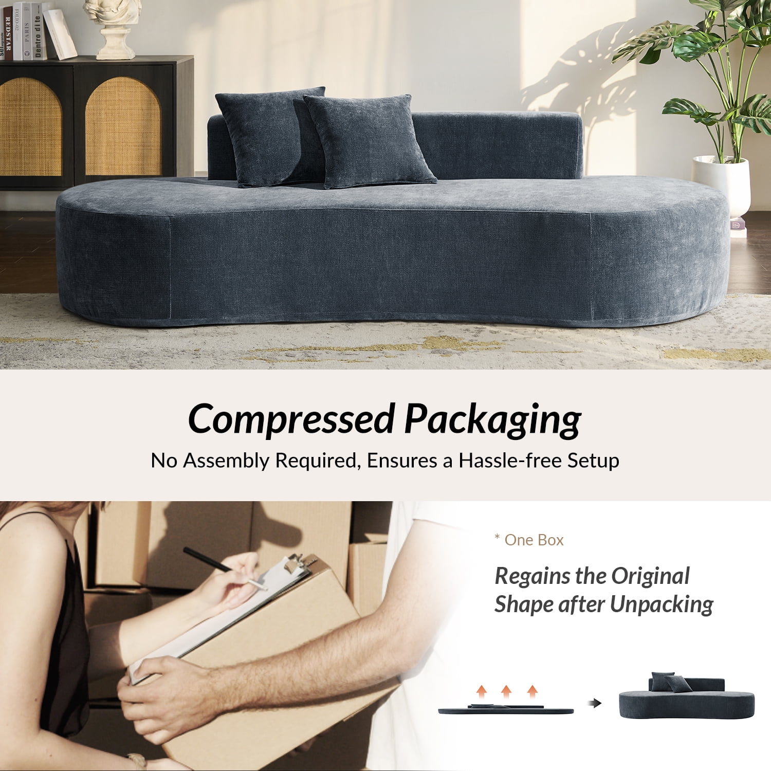 Tina's Home Modern Minimalist 3-Seater Blue Sofa for Adult Living Room Couch with Curved Design No Assembly Required