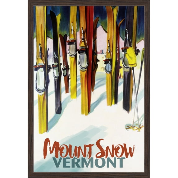 Mount Snow, Vermont - Colorful Skis - Lantern Press Artwork (24x36 Giclee Art Print, Gallery Framed, Espresso Wood)