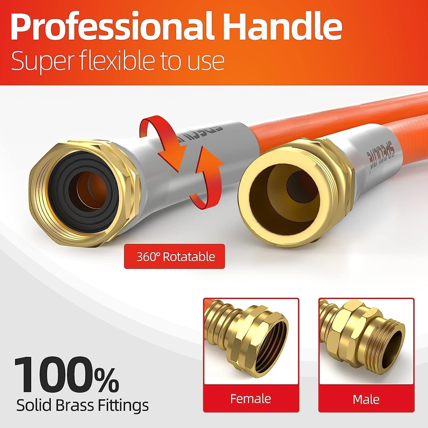 SPECILITE Garden Water Hose 200 ft x 5/8 in Heavy Duty, Flexible and Lightweight Rubber Pipe for Outdoor, 3/4'' Brass Fittings, Orange
