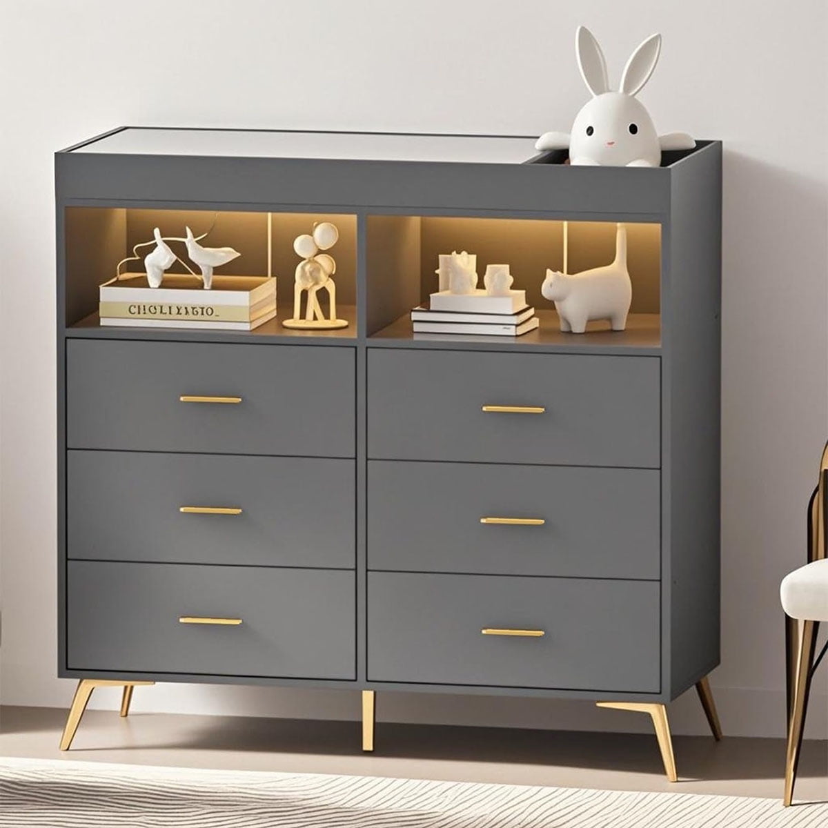 Danolapsi Changing Table Dresser with Drawers,Baby Dresser with Changing Table Top,Power Outlet,LED Light & Metal Feet,Diaper Changing Station Nursery Organizer for Infants Newborn（ship in 2 boxes）