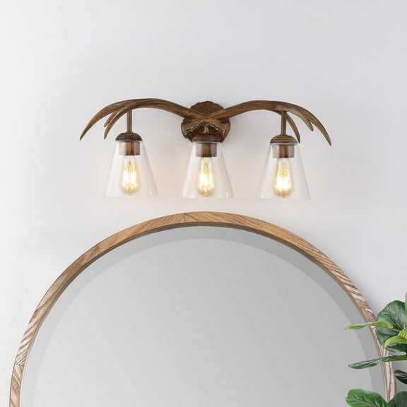 JONATHAN Y Wyatt 25.5" 3-Light Southwestern Bohemian Resin/Seeded Glass Faux Antler LED Vanity Light, Brown Wood Finish