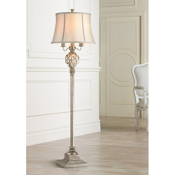 Barnes and Ivy Olde Vintage Floor Lamp 63 1/2" Tall Olde Silver with LED Nightlight Mercury Glass Faux Silk Bell Shade for Living Room Office House