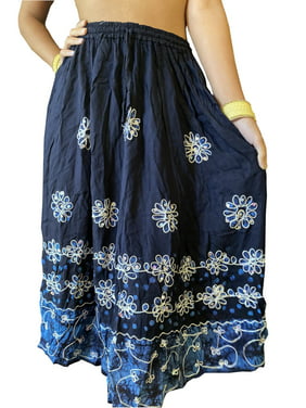 Mogul Women Blue Floral Embroidered Long Skirt Boho Chic Gypsy Flare Rayon Summer Skirts