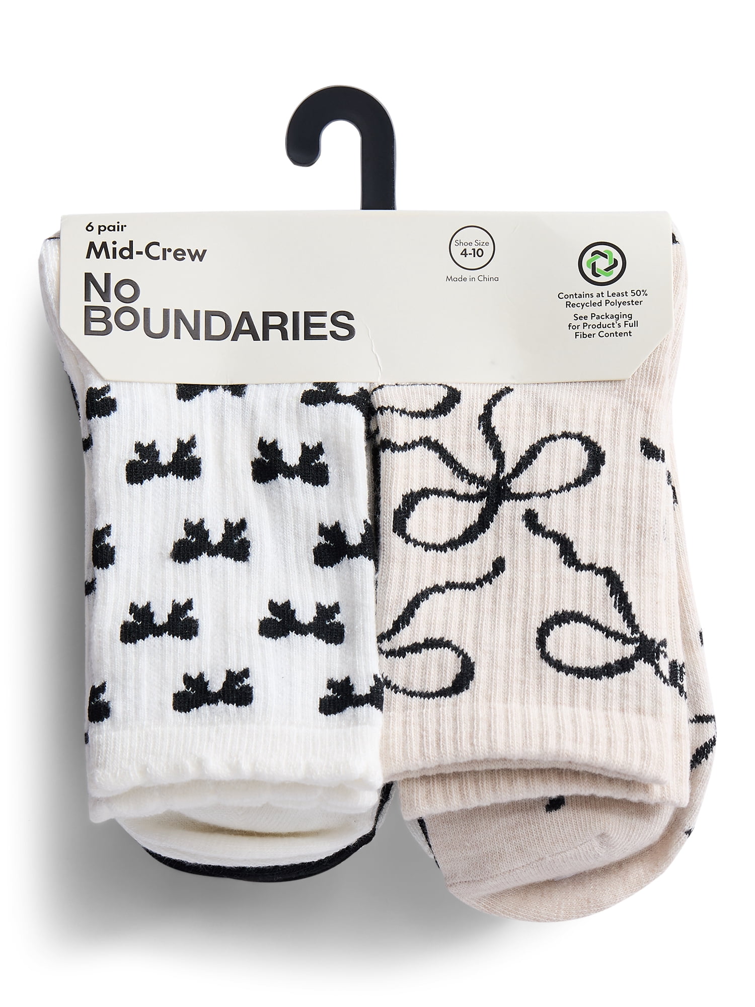 No Boundaries Women's Ribbed Mid Crew Socks, 6-Pack, Women's, Shoe Sizes 4-10