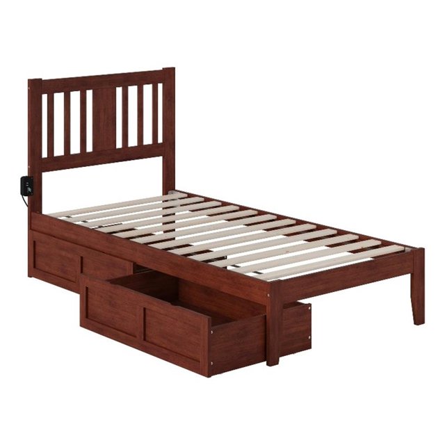 Pemberly Row Twin Storage Solid Wood Bed with USB Turbo Charger in Walnut
