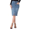 thumbnail image 1 of Falda de mezclilla midi A-line de mujer INSPIRE CHIC, de cintura alta, con abertura frontal y stretch, tamaño S, azul claro, 1 of 6