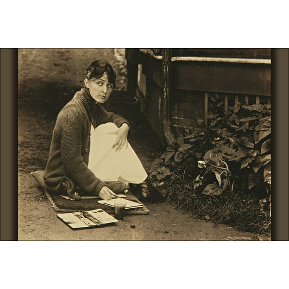 24"x36" Gallery Poster, Georgia O'Keeffe with ketchpad and watercolors by her side 1918