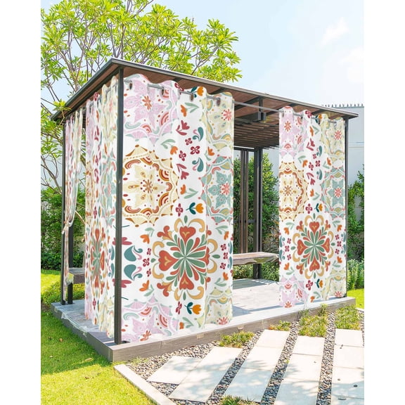 White Boho Outdoor Curtains for Patio, Retro Ethnic Colorful Flower Aesthetic Art Privacy Drapes Grommet Waterproof Outside Curtains for Porch/Cabana/Balcony 54"x 84", 2 Panel