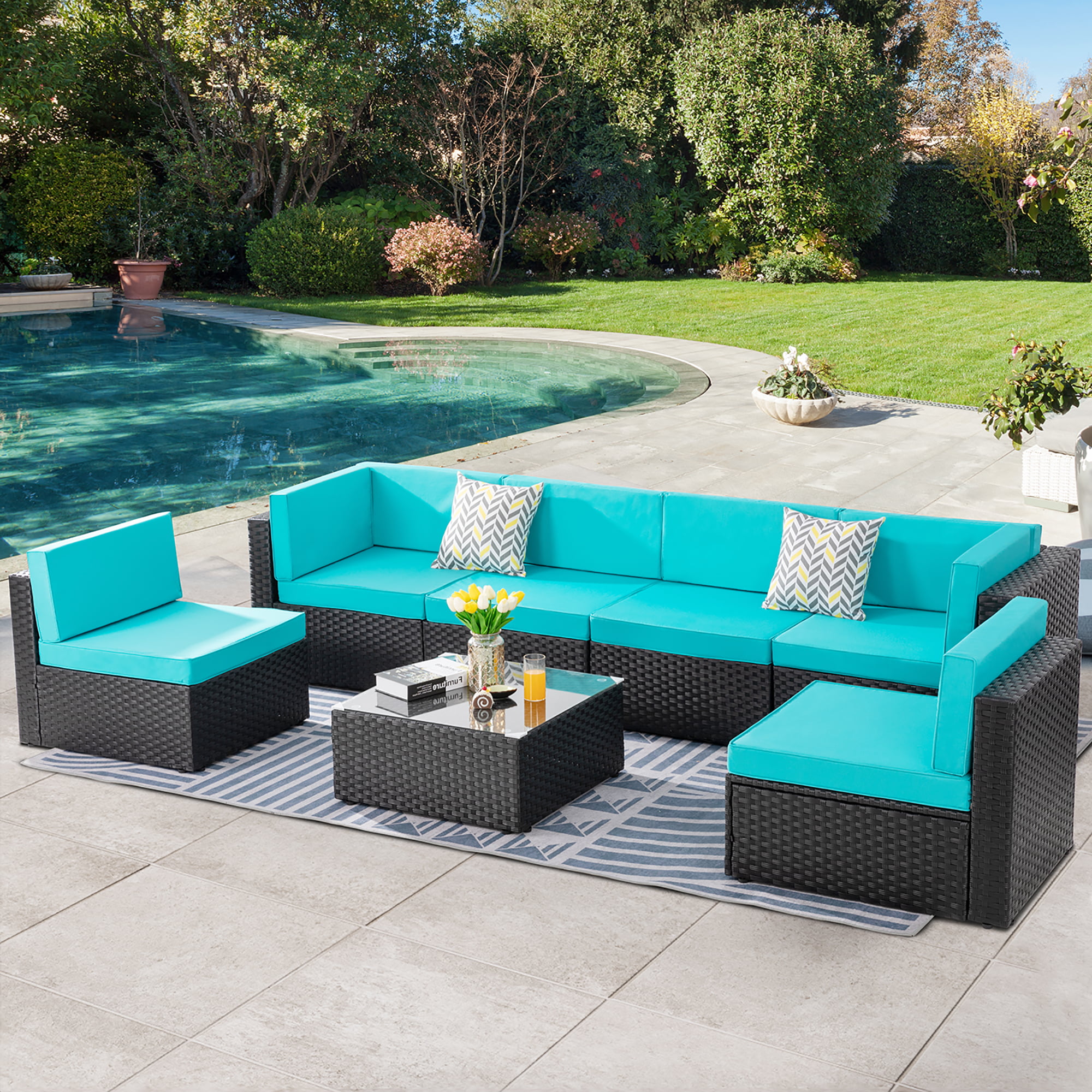 Low Back All-Weather Small Rattan Sectional Sofa with Tea Table&Washable Couch Cushions Upgrade Wicker Silver Gray Rattan 3-Piece Turquoise JAMFLY Outdoor Furniture Patio Sets 