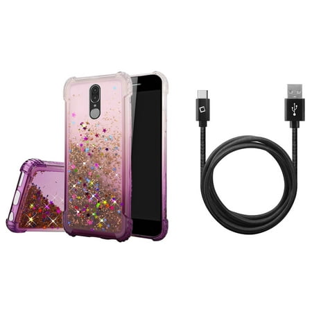 Bemz Glitter Series Compatible with Coolpad Legacy (2019) Case with Slim Flowing Liquid Quicksand Waterfall Two-Tone Cover (Purple/Stars), Extra Long Heavy Duty USB Type-C Sync Charger Cable (10