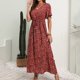 thumbnail image 2 of Vestido hasta el tobillo con estampado de manga corta suelto con cuello en V Vintage bohemio a la moda para mujer Fridja  qw6795, 2 of 9
