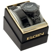 Elgin Mens Analog Quartz Watch, Gun Metal Band and Case, Round Black Dial, Crystal Accents, and Matching Bracelet