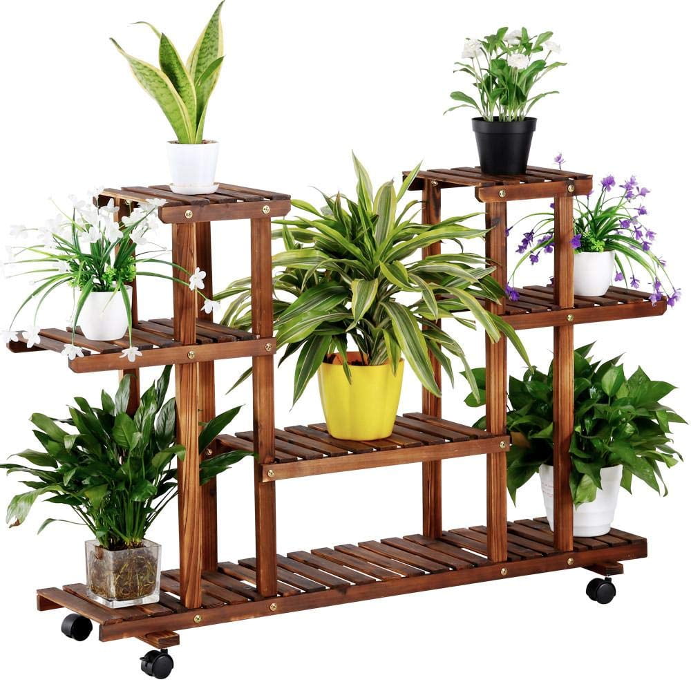 6Layer Rolling Wooden Flower Stand Bamboo Plant Stand Display Stand