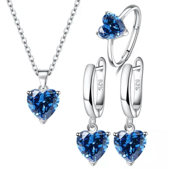 GKNET Womens 925 Silver Heart Zircon Necklace Earrings Rings Sets 5 Color-Blue