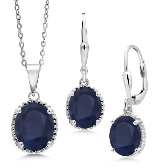 Gem Stone King 8.90 Cttw Oval Blue Sapphire Pendant and Earrings Jewelry Set for Women | 925 Sterling Silver | Gemstone Birthstone | Oval 11X9MM and 9X7MM | With 18 inch Silver Chain