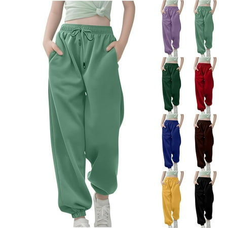 QIUOMBBP Kids High Elastic Waist Athletic Joggers Wide Leg Drawstring Sweatpants with Pockets Solid Color Cuffed Pants Purple 7Years