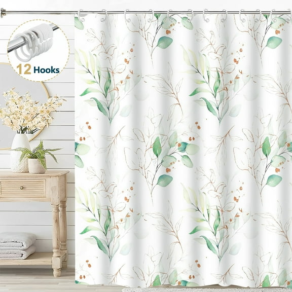 Dznils White Fabric Shower Curtain, Watercolor Green Eucalyptus Floral Pattern with Hooks, 72" x 72"