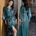 thumbnail image 4 of Black Print Flower Long Robe Nightgown Spring Summer Half Sleeve Kimono Bathrobe Gown Women Sexy Rayon Home Dress Loungewear (Pink Flower 2,One Size), 4 of 7