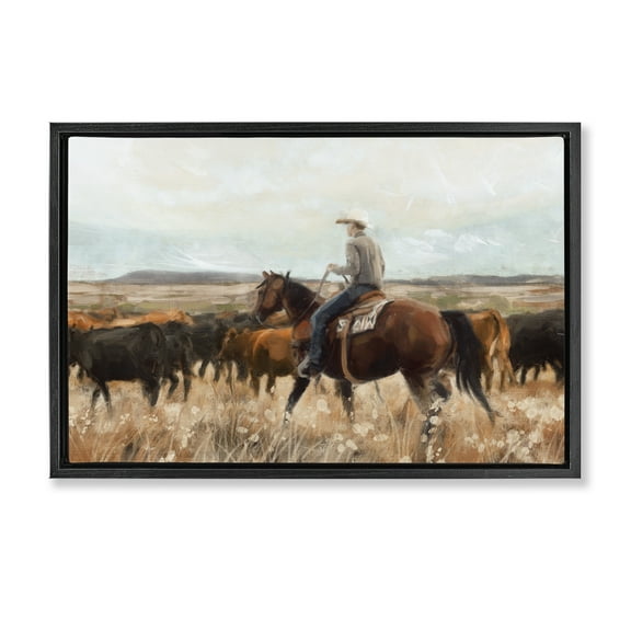 Stupell Industries Cowboy On The Range Landscape & Nature Painting Black Floater Framed Canvas Art Print Wall Art, 25 x 17