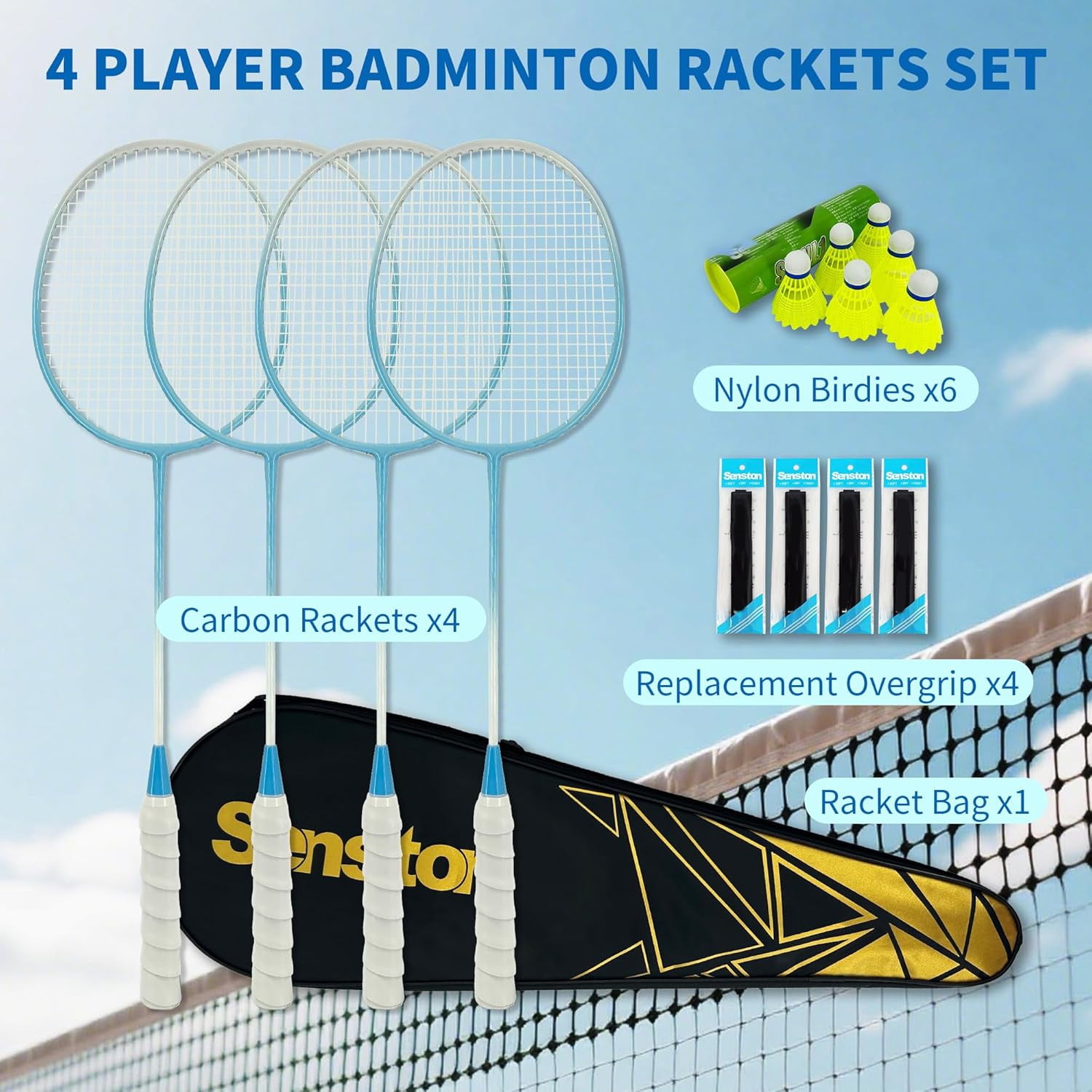 Badminton Rackets Set with Shuttlecocks, Grips & Bag
