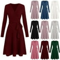 thumbnail image 2 of Women's Ribbed Knit Midi Dress - Elegant Slim Fitted Long Sleeve wrap V Neck A-Line Sweater Dresses with Belt, 2 of 6