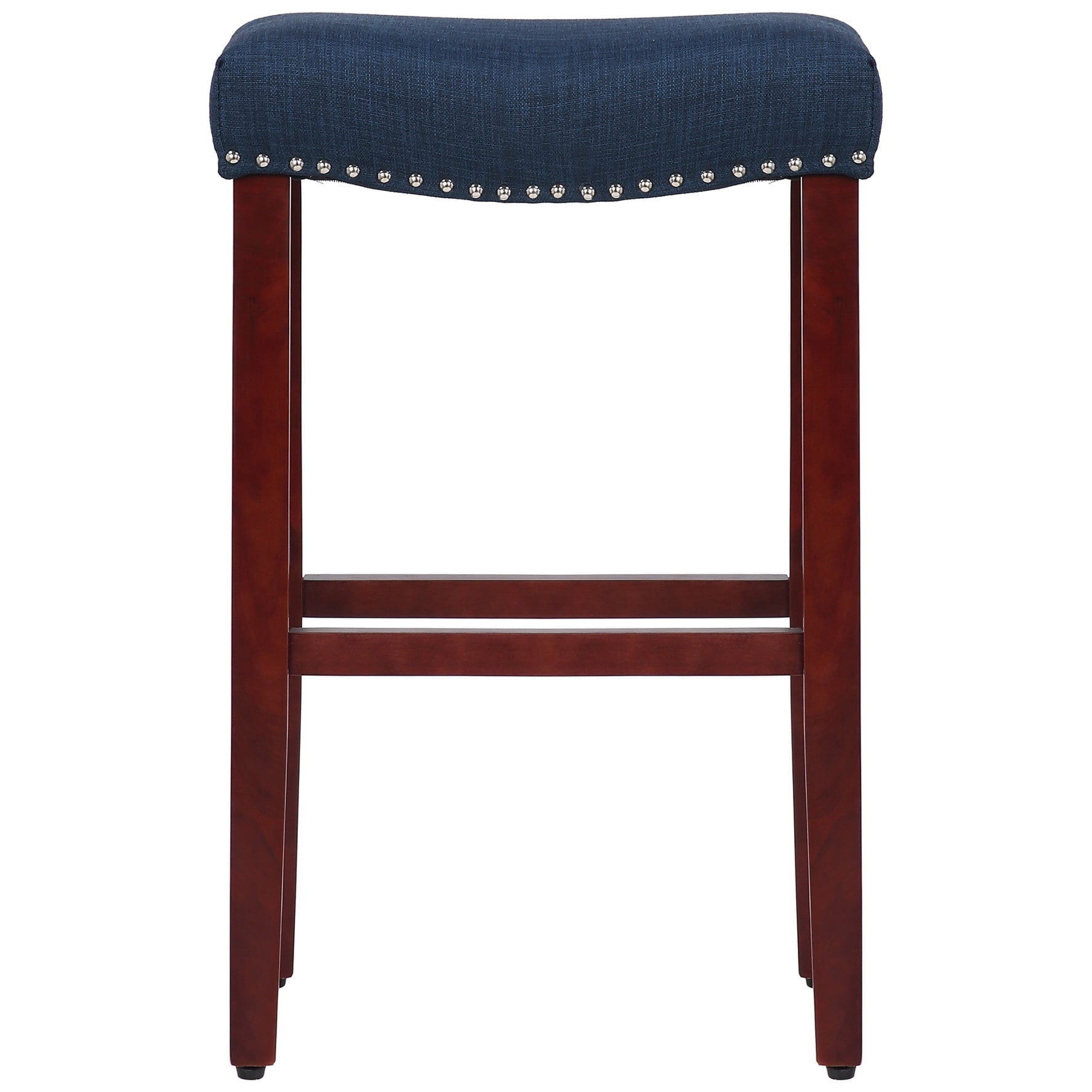 29" Inch Upholstered Saddle Seat Counter Stool (Set of 2), Cherry/Navy Blue