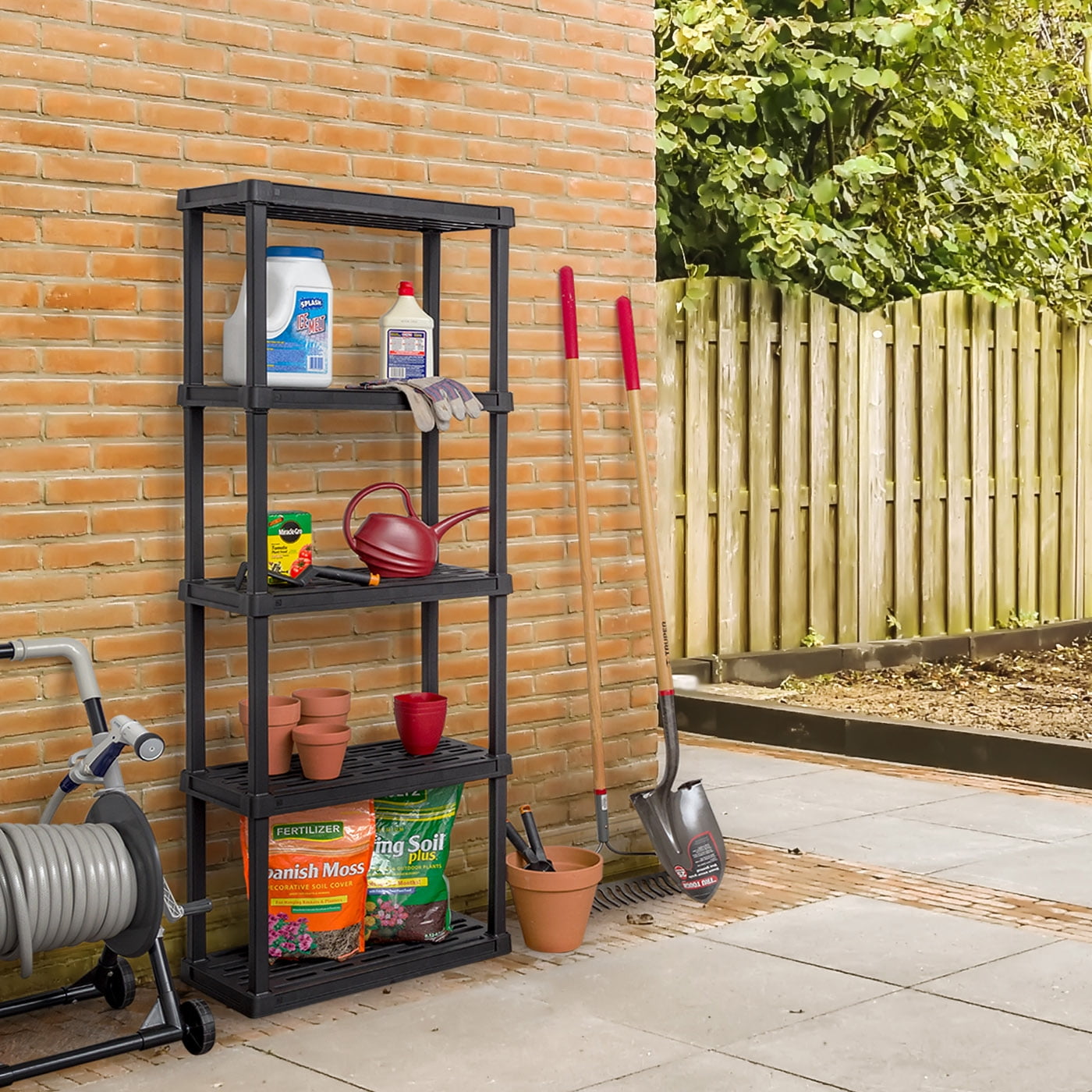 IRIS 5-Tier Plastic Storage Shelves, 63" H x 11" W x 23" D, 200 Lb Total Capacity, Black