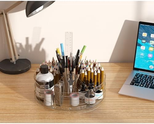 Quivanta 2 Packs Pen Organizer for Desk - Acrylic Pen Holder with Hand Grips, 360° Extra Large Rotating Desk Organizer with 7 Removable Compartments for Office, Home, and Makeup Storage