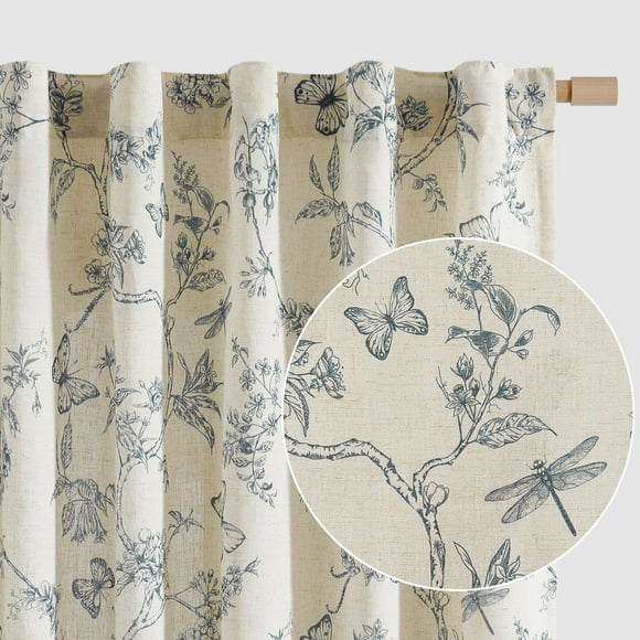 Lazzzy Floral Linen Curtains 2 Panels Boho Farmhouse Light Filtering Country Vintage Curtain Drapes for Living Room Bedroom Back