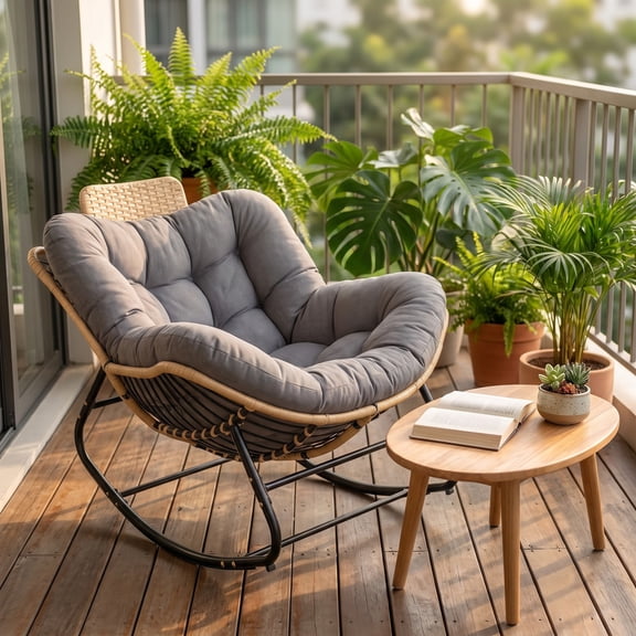 iooHug All-Weather Outdoor Rattan Rocking Chair with Thick Plush Cushion, Oversized Patio Rocker Chair with High Headrest & Steel Frame for Balcony, Porch, Garden
