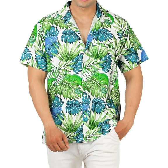 LA LEELA Men's Hawaiian Shirts Short Sleeve Button Down Shirt Mens Tropical Shirts Casual Holiday Summer Party Caribbean Shirts for Men Funny L Leaves, White