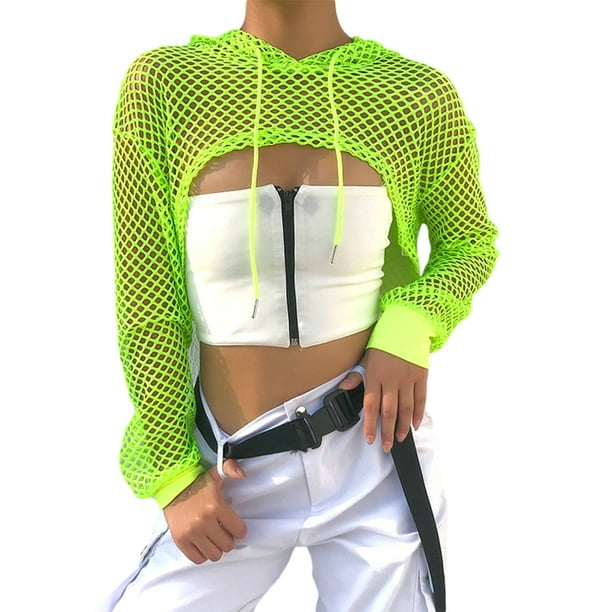 Gupgi Women Neon Mesh Fishnet Top Perspective Long Sleeve Cropped T-shirt 