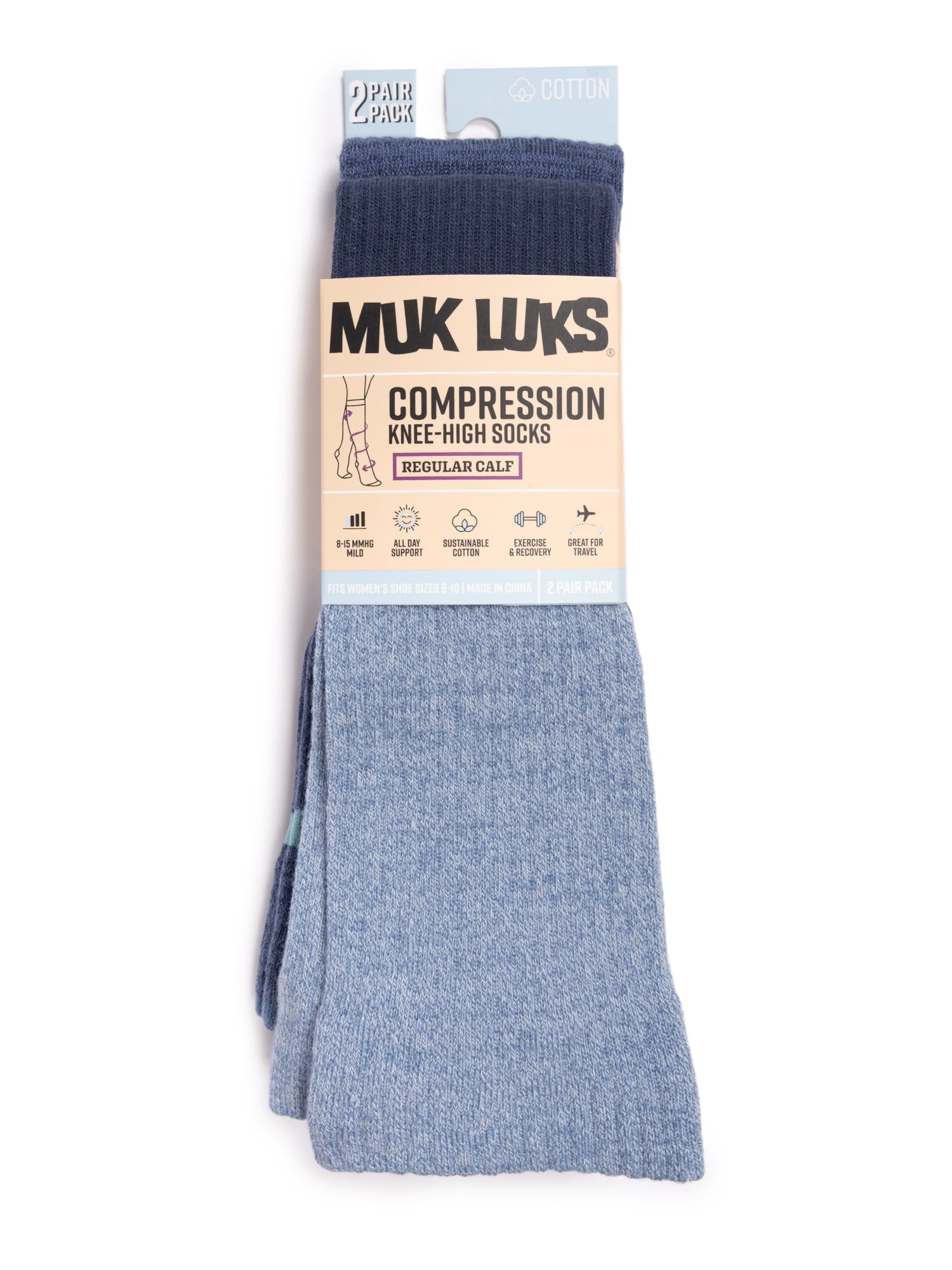 MUK LUKS Women's Regular Width Compression Cotton Knee-High Socks, 2-Pack, Shoe Sizes 6-10