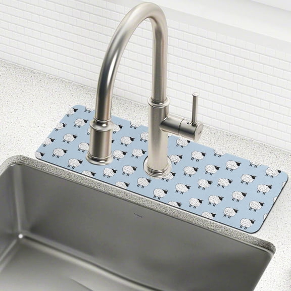 Yayeee Faucet Mat for Kitchen Sink 14.7" Diatomite Long Splash Guard Pad, Blue Sheep Pattern