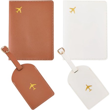2 Set Mr and Mrs PU Leather Passport Holder Luggage Tags Set Honeymoon Plane Card Covers Books Case Protector Sleeve Brown White with Suitcase Travel ID Labels for Couples Bridal Shower Gift