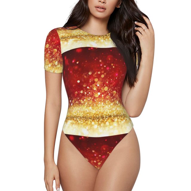 Fotbe Red Gold Glitter Body de Mujer con Cuello Redondo y Mangas Cortas, Sin Mangas Ajustado, Suave, Cómodo y Básico-Large