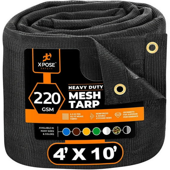 Xpose Safety Heavy Duty Mesh Tarp – 10’ x 12’ Multipurpose Black Protective Cover with Air Flow - Use for Tie Downs, Shade, Fences, Canopies, Dump Trucks – Tear Resistant