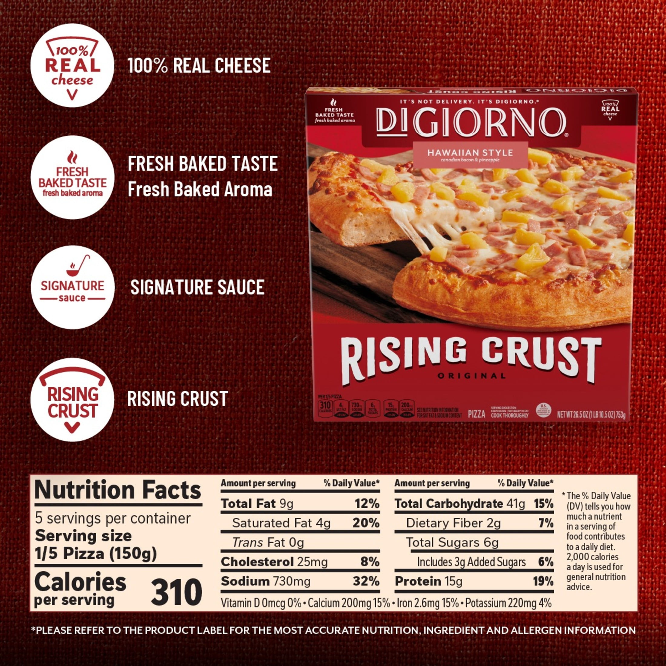 DiGiorno Frozen Pizza, Hawaiian Style Rising Crust, Canadian Bacon and Pineapple, 26.5 oz (Frozen)