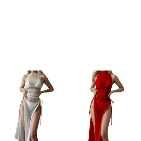 Wijhcboe 2 Pack Women Sexy Cover Ups for Swimwear Women Bikini Draped Front Drawstring Knot Mesh Cover Up Without Lingerie Hight Split Fork Dress Beach Wrap Bikini Shiny Wraps Cover Ups For Rhinesto