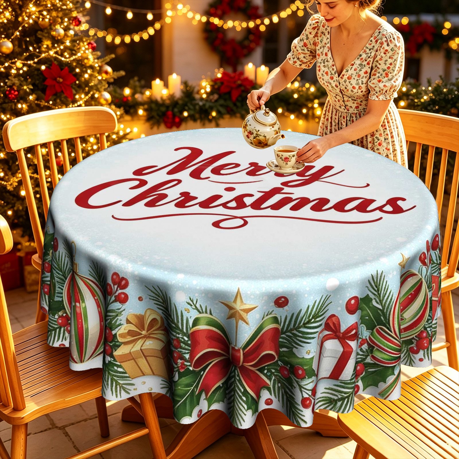 Christmas Bow Gift Bauble Print Polyester Round Tablecloth Multi Size Tabletop Holiday Decor