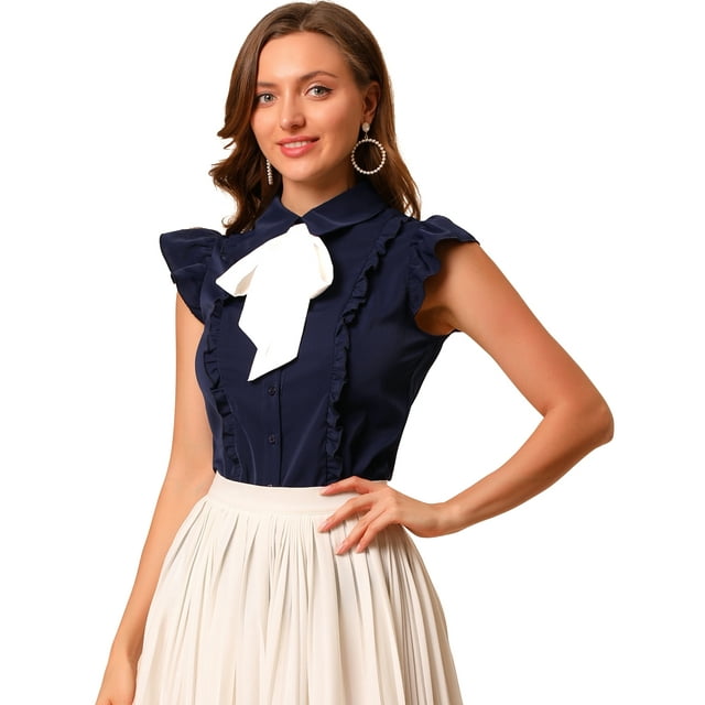 INSPIRE CHIC Chemisier en Mousseline pour Femme à Volants avec Nœud, Col Peter Pan, Boutonné