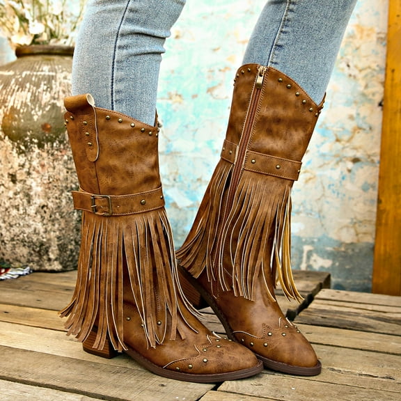 Bnwani Women Boots Footwear Fall Winter Zipper Chunky Knee-High Knight Tassel Boot Brown Size 5.5