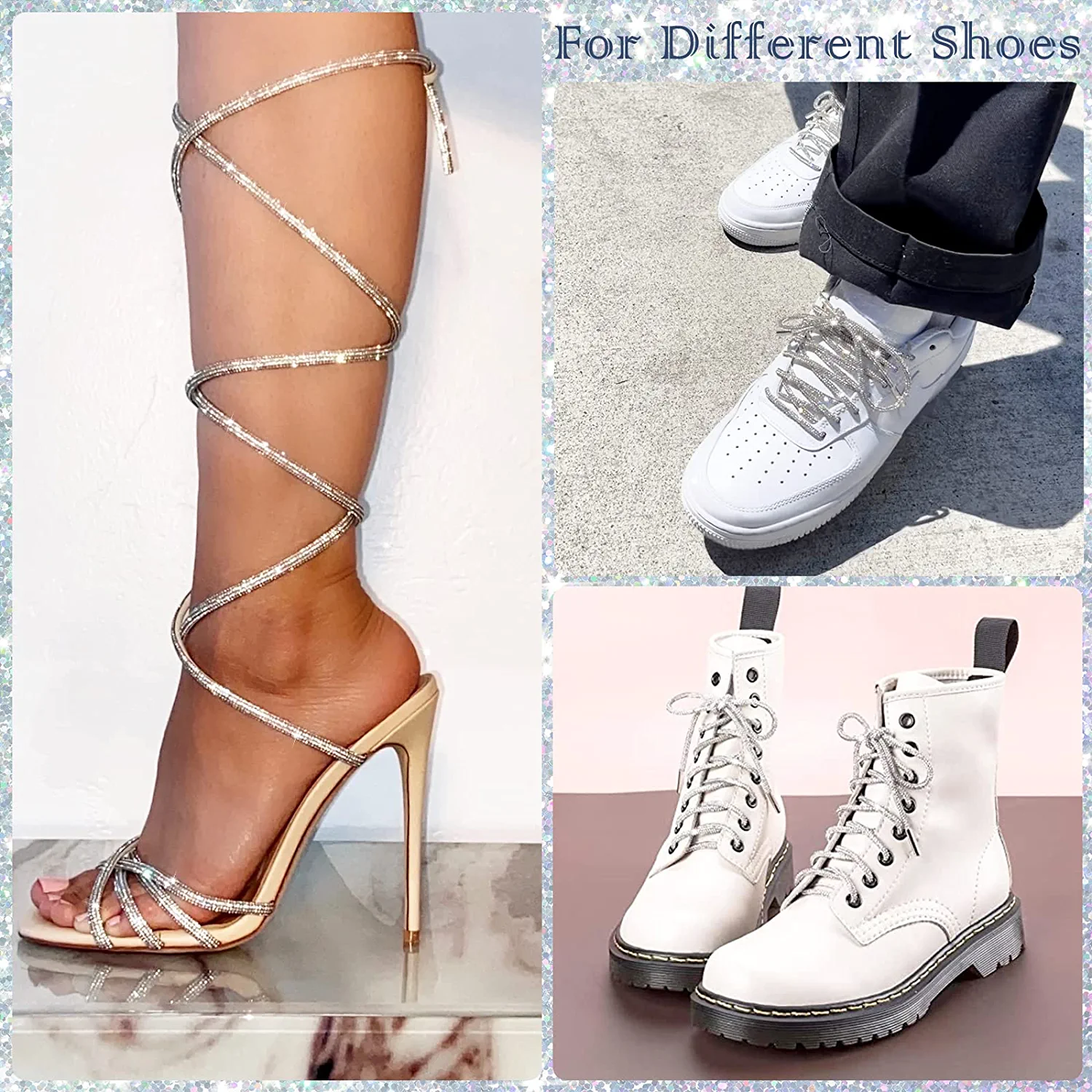Knifun Rhinestone Shoelace Trousers Rope with Rhinestones Shoe Laces Rhinestone Hoodie String Glitter Cords, Adult Unisex, Size: One size, Silver