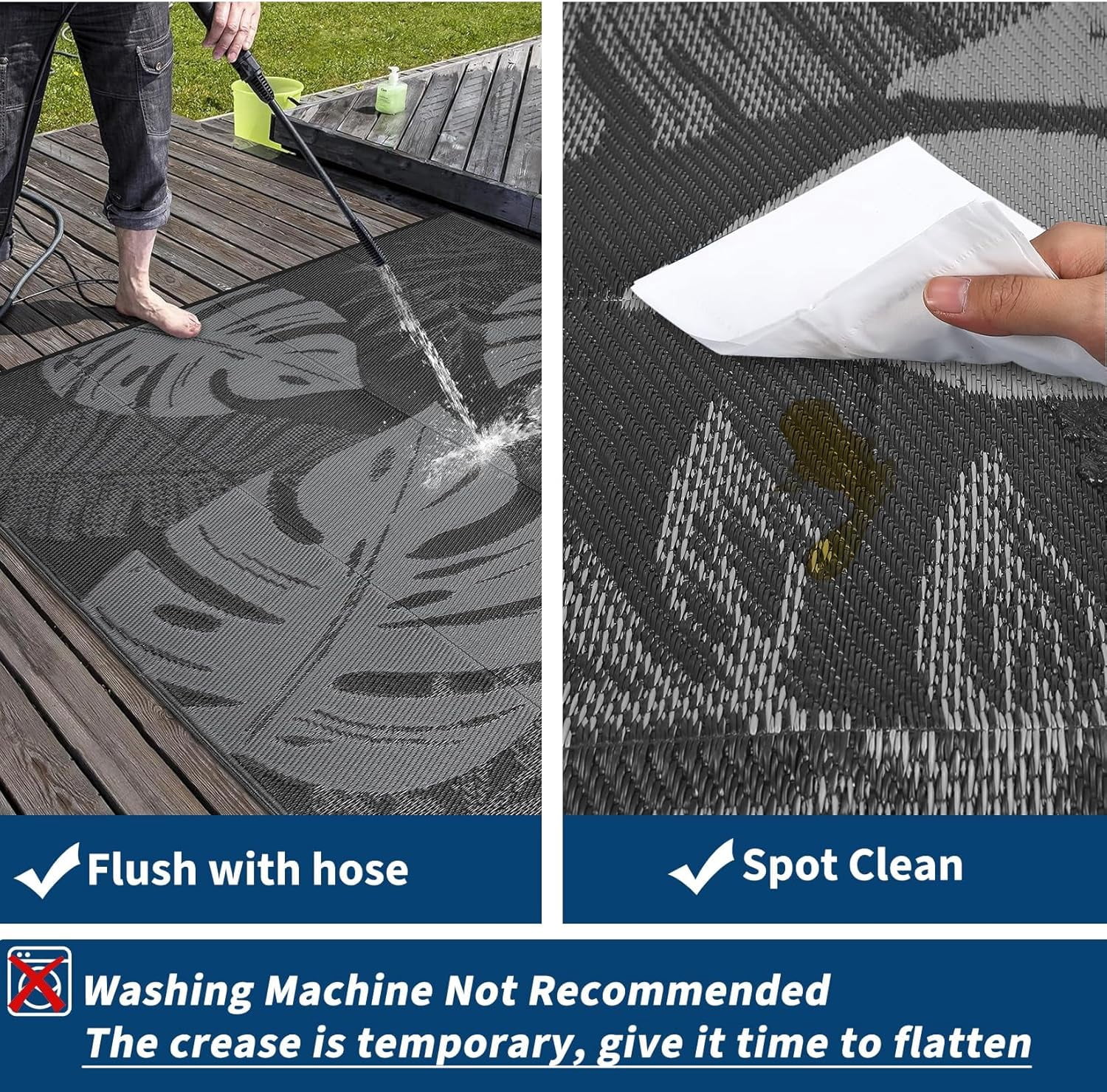Funslane Outdoor Rug 8' x 10', Waterproof Plastic Straw Mat, Foldable & Reversible, Indoor Outdoor Rugs for Patio, Deck, RV, Beach, Picnic, Black/Gray