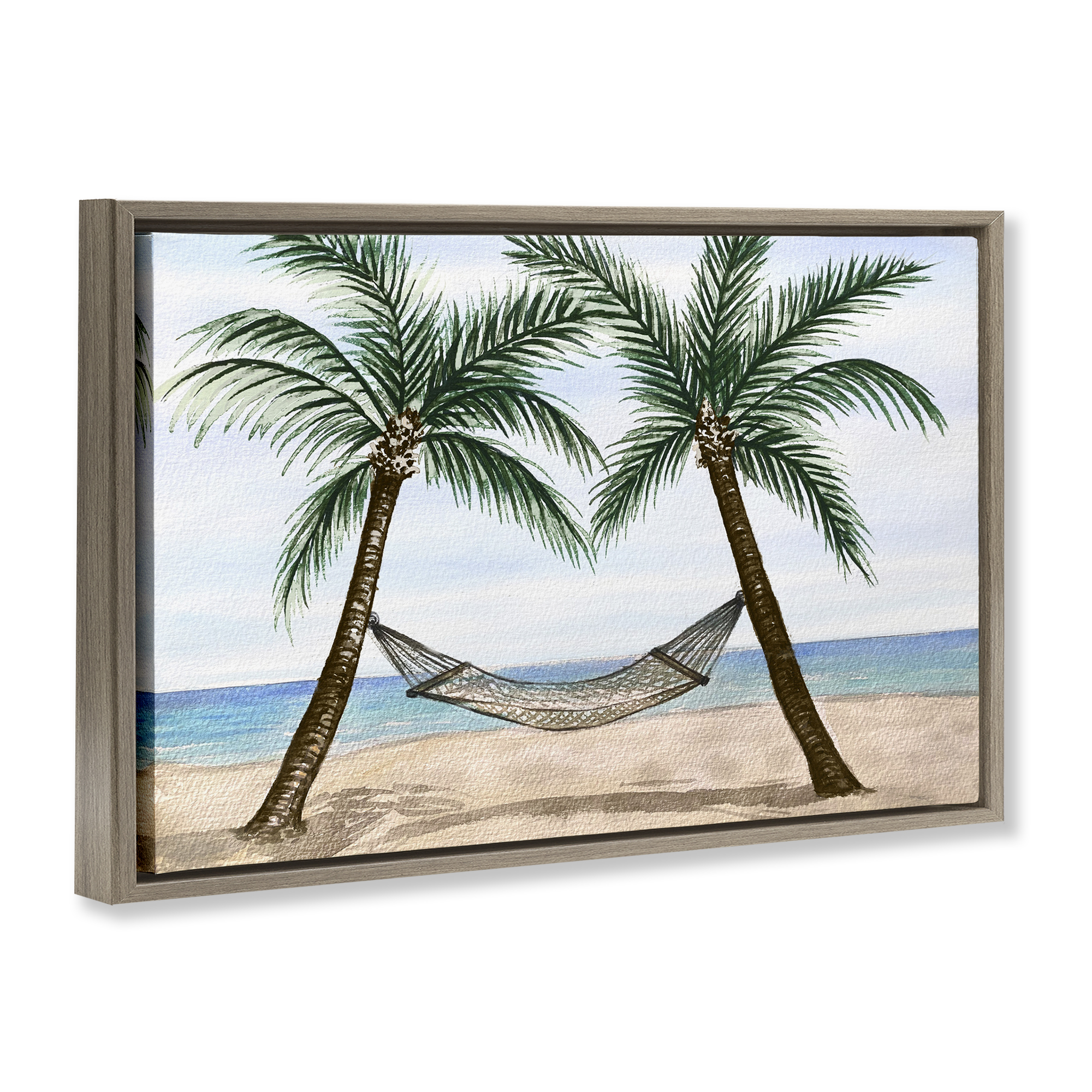 Stupell Industries Hammock Between Palms Landscape Painting Brown Floater Framed Canvas Art Print Wall Art, 25 x 17
