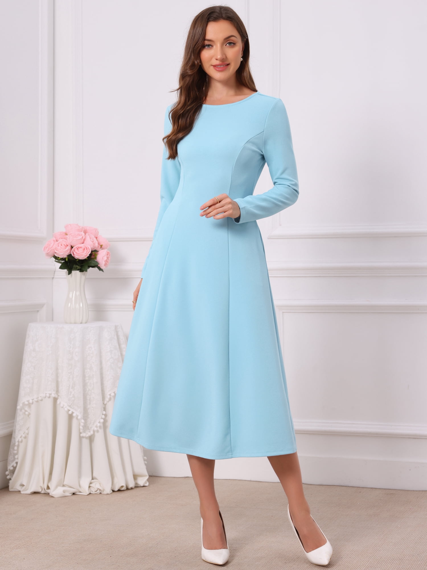 DARING DIVA Women's Long Sleeve Formal Crewneck A-Line Maxi Dress 2XL Light Blue
