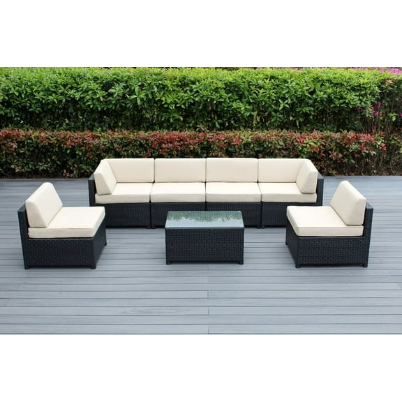 Ohana 7 Piece Outdoor Wicker Patio Furniture Sectional Conversation Set - Black Wicker