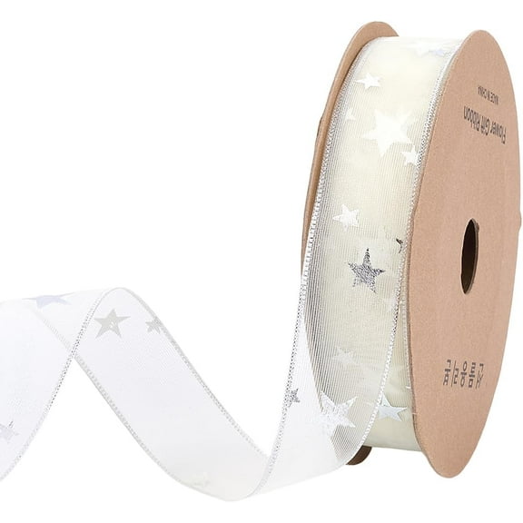 Polyester 20 Yards 1 Inch White Star Ribbon Silver Stars Print Organza Sheer Transparent Chiffon Silk Sparkly Ribbons Bulk with Spool for Sewing Making Crafts Gift